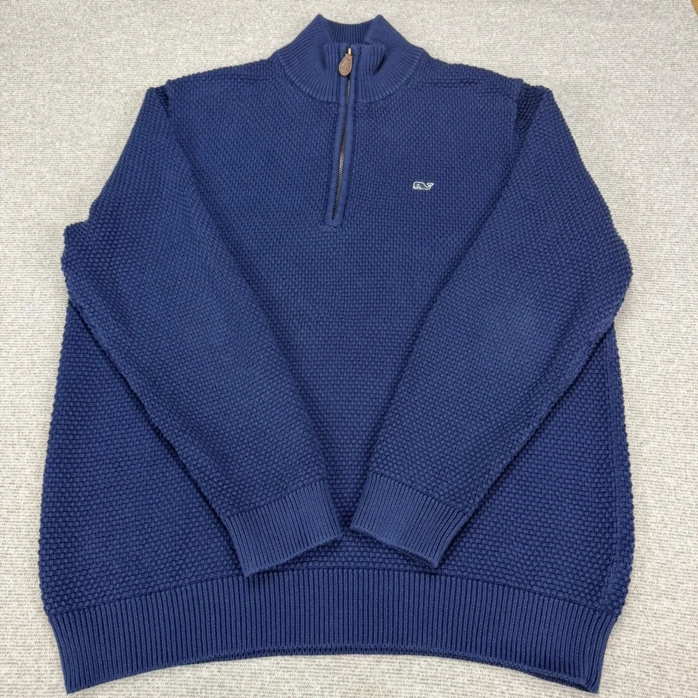 Vineyard Vines Mens Medium Blue Cotton Waffle Knit Quarter Zip Pullover Sweater